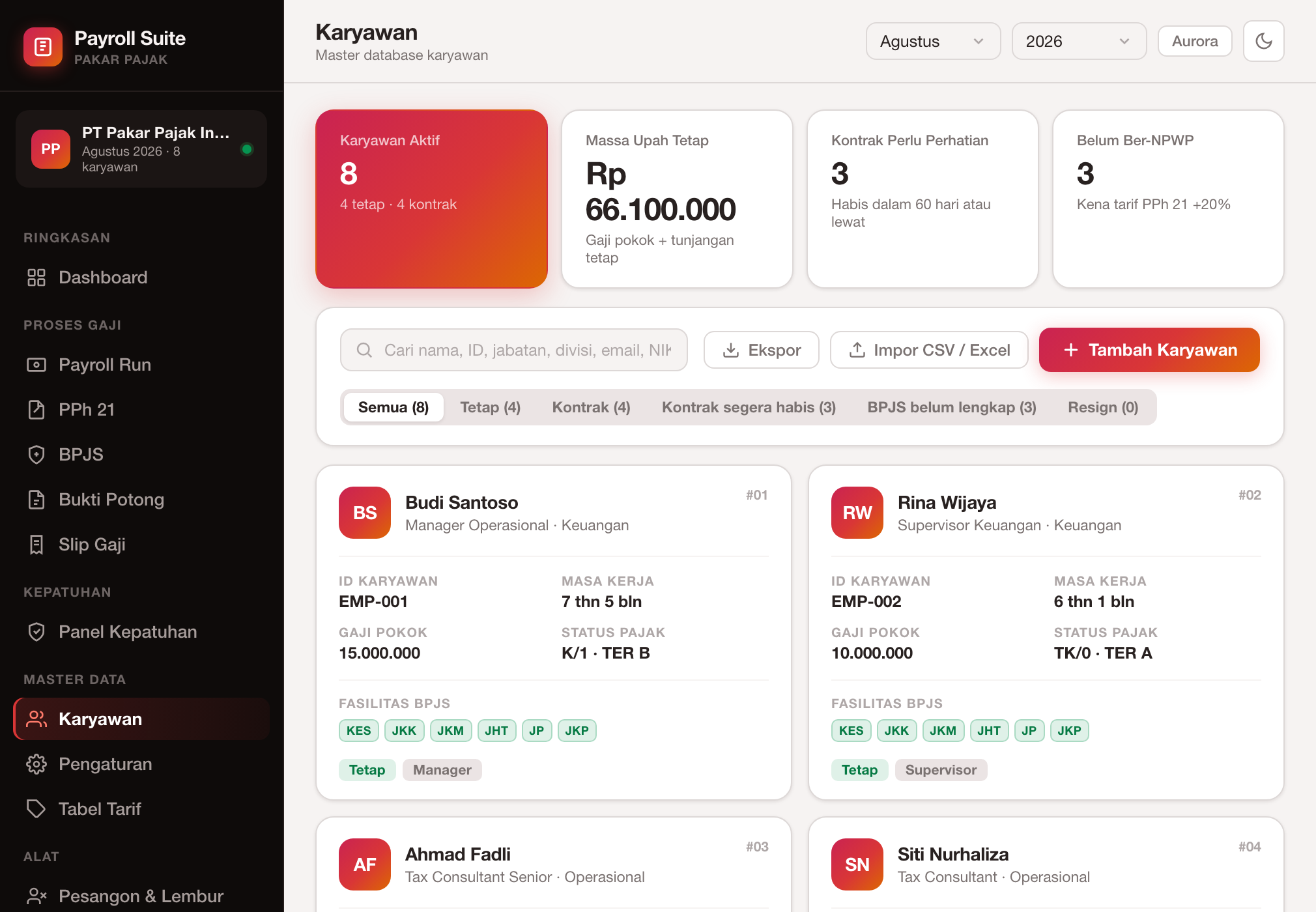 Daftar karyawan berbentuk kartu, lengkap dengan pencarian dan status kontrak
